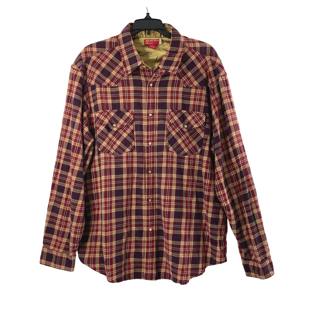 Vtg Guess Western‎ Shirt Mens XL Red Tan Blue Plaid Sawtooth Snap Long Sleeve